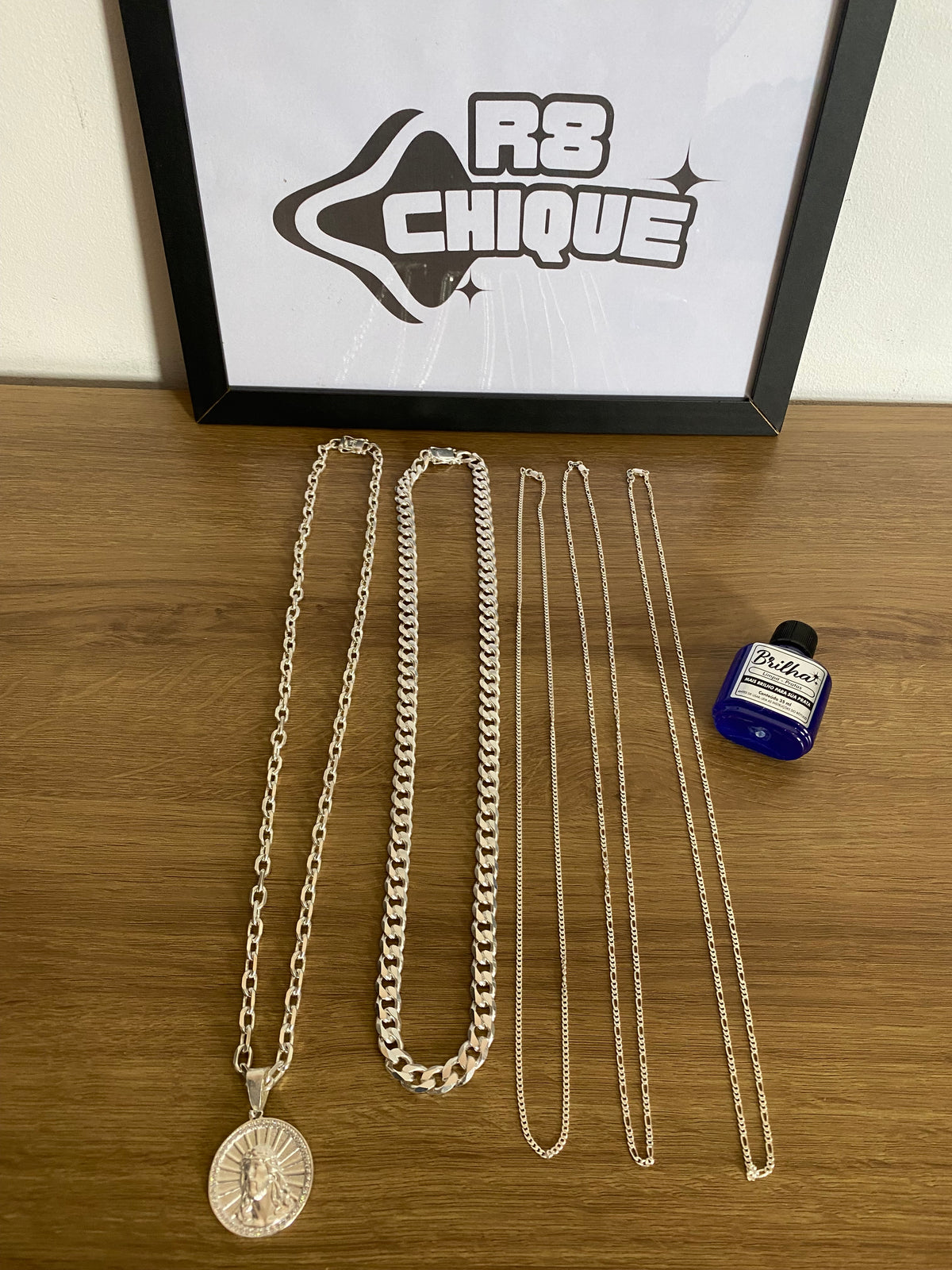 Kit Revenda | 5 Correntes + 1 Pingente GRANDE / Limpa Pratas (3 de 3MM / 1 de 12MM - 1x1 / 1 de 8MM - Cartie) (Kit 50)