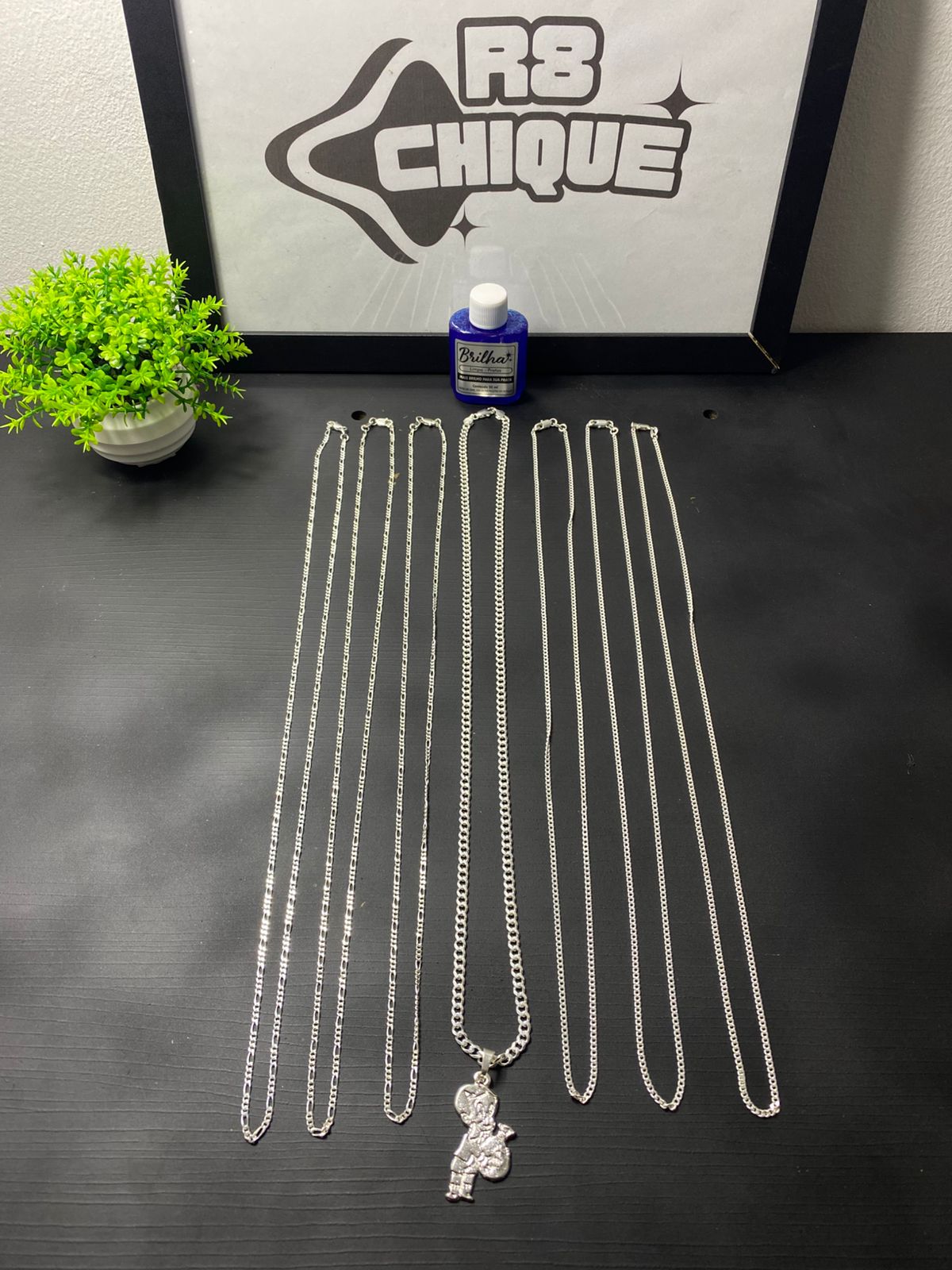 Kit Revenda | 6 Correntes 3MM / 1 Corrente 5MM + Pingente / Limpa Pratas (BRINDE) (Kit 118)