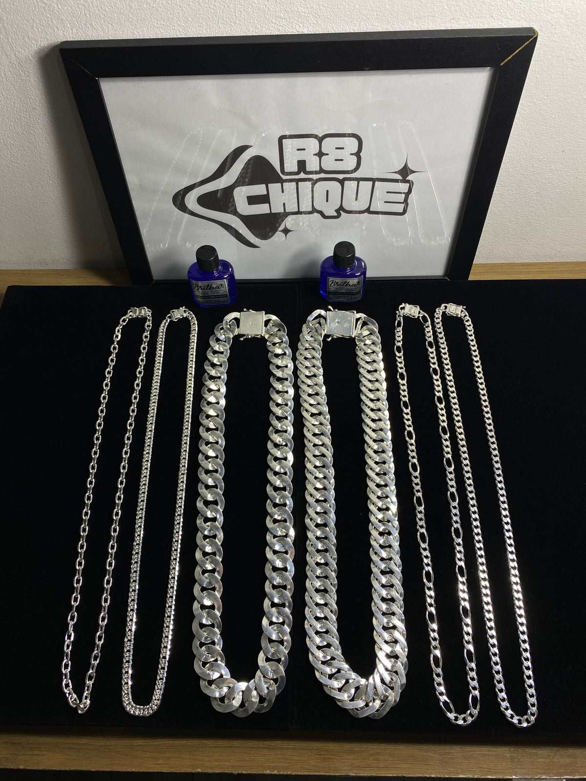 Kit Revenda | 2 Correntes 25MM - 1x1 e EloDuplo / 4 Correntes 8MM - 1x1,3x1,EloDuplo,Cartie. / 2 Limpa Pratas (Brinde) (Kit 100)