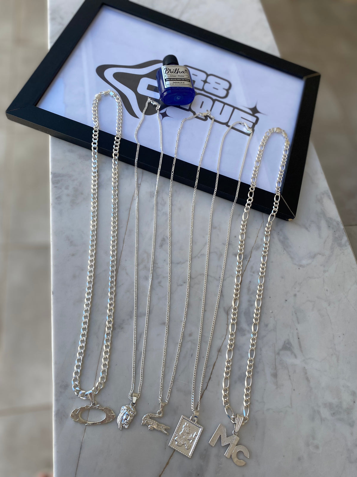 Kit Revenda | 5 Correntes + Pingentes / 1 Limpa Pratas (3 de 3MM / 2 de 8MM 1x1 e 3x1) (Kit 32)