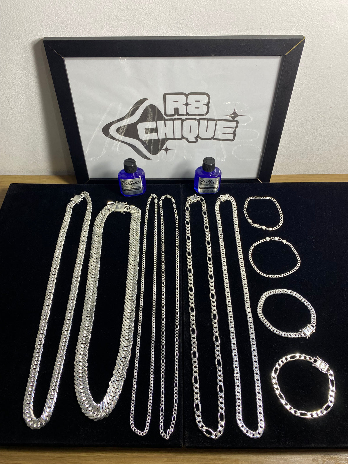 Kit Revenda |2 Conjuntos 8MM - 3x1 e EloDuplo / 2 Conjuntos 5MM 1x1 e 3x1 / 1 Corrente 17MM / 1 Corrente 13MM EloDuplo (Laminada) / 2 Limpa Pratas (Brinde) (Kit 93)