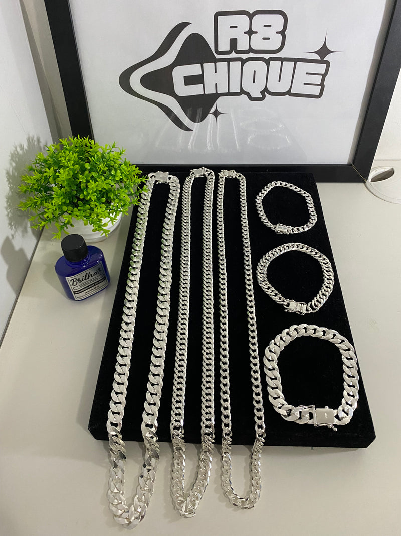 Kit Revenda | 3 Correntes + 3 Pulseiras - 1 Conjunto 1x1 - 13MM ( Laminada / 1 Conjunto 12MM - EloDuplo / 1 Conjunto 8MM - 1x1 (Kit 75)