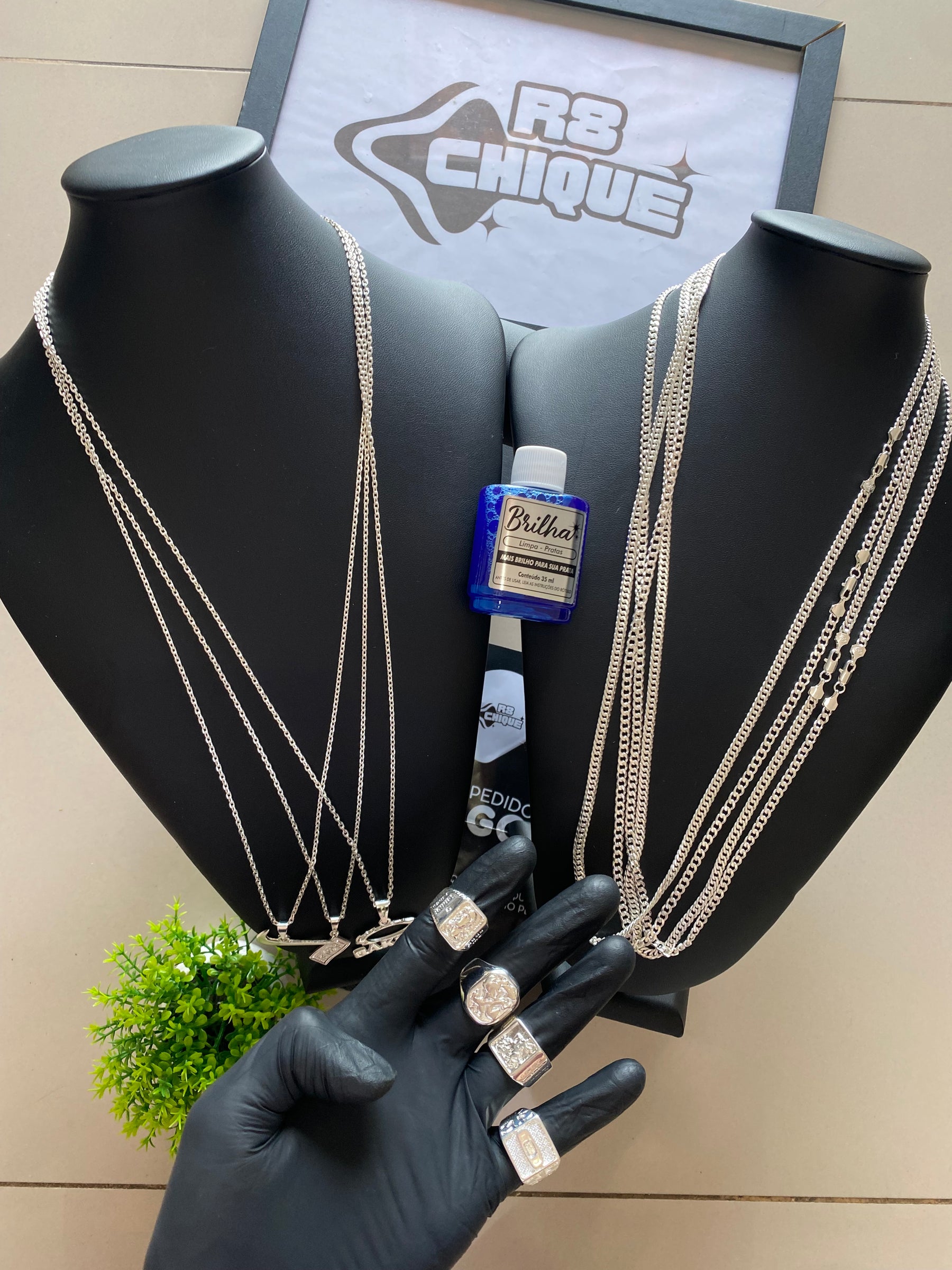 7 Correntes / 4 Dedeiras / 3 Pingentes + Limpa Pratas (Brinde) | 3 de 3MM: Cartie / 4 de 5MM: EloDuplo e 1x1 / 4 Dedeiras / Limpa Pratas (Kit 131)