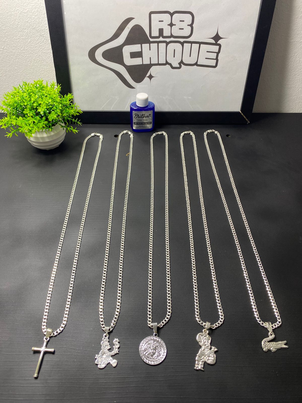 Kit Revenda | 5 Correntes 5MM + 5 Pingentes / 1 Limpa Pratas (BRINDE) (Kit 116)