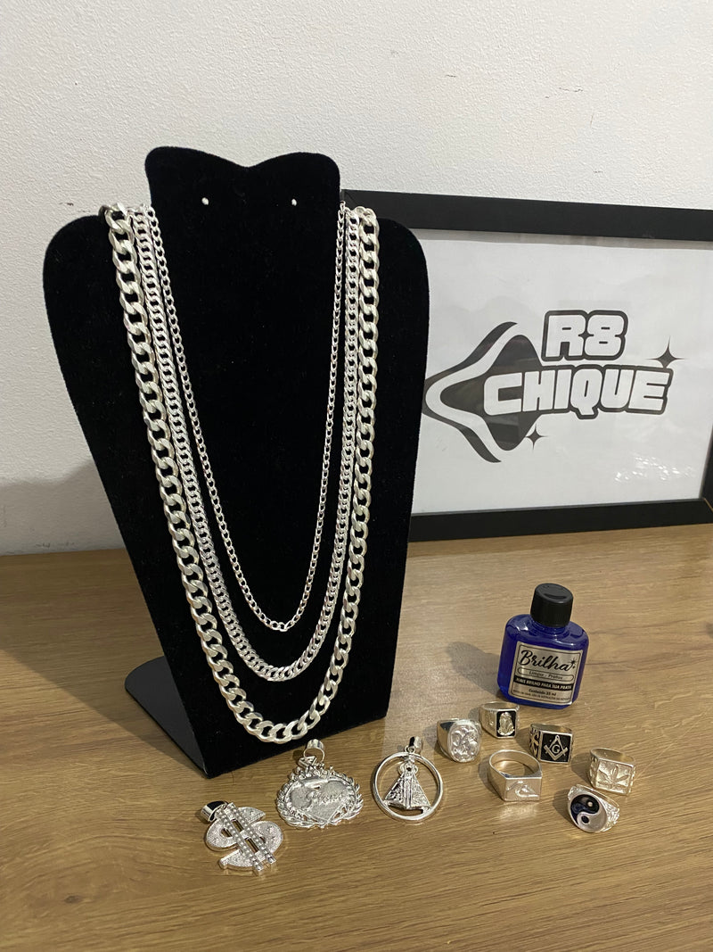 Kit Revenda |  3 Correntes - 1 de 12MM - 1x1 / 1 de 8MM - EloDuplo / 1 de 3MM / 3 Pingentes / 6 Dedeiras / 1 Limpa Prata (Kit 55)