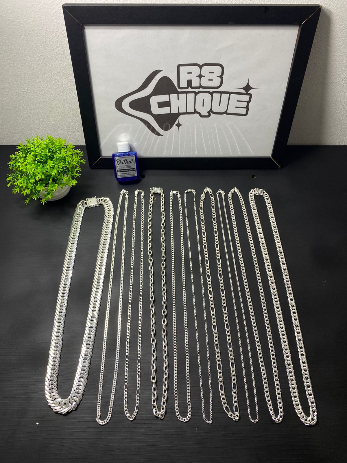 Kit Revenda | 10 Correntes / 1 - 17MM/ 1 - 12MM EloDuplo / 2 - 3MM / 2 - 5MM 3x1,Elo / 4 - 8MM 1x1,Elo,3x1,Cartie / 1 Limpa Pratas (BRINDE) (Kit 104)