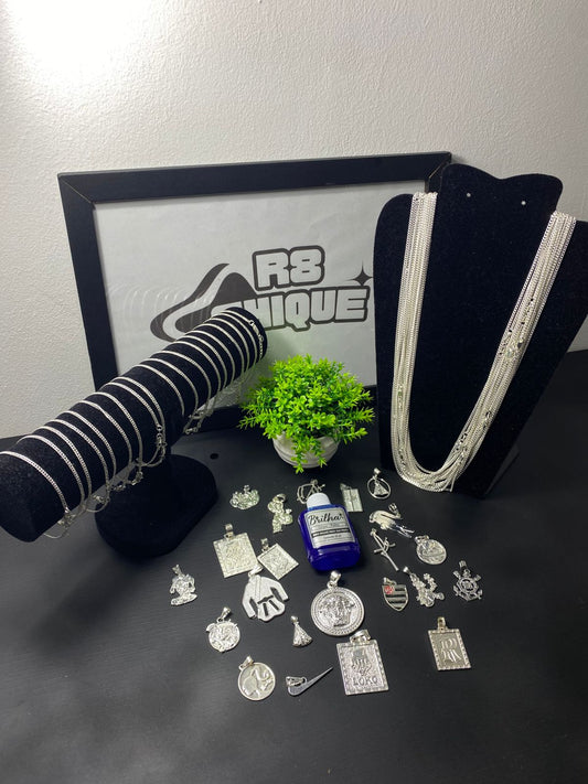 Kit Revenda | 20 Correntes +  20 Pulseiras - 2MM: 1x1, 3x1 / 20 Pingentes B - 1 Limpa Pratas (BRINDE) (Kit 109)
