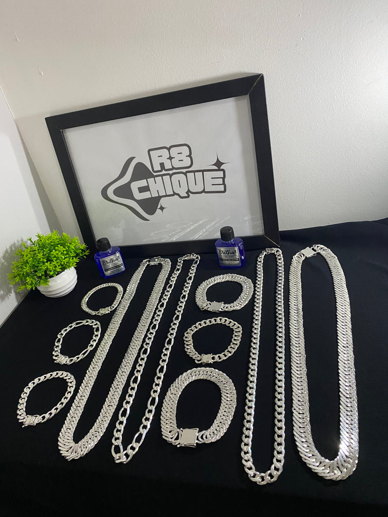 Kit Revenda |  4 Correntes + 6 Pulseiras - 2 conjunto de 17MM / 2 Conjuntos 12MM - 1x1 e 3x1 / 2 Pulseiras 12MM - Elo e 1x1 / Limpa Pratas (BRINDE) (Kit 77)
