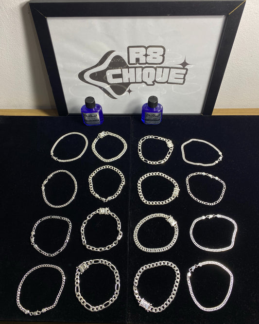 Kit Revenda | 6 Pulseiras 4MM 1x1,3x1,Elo / 7 Pulseiras 8MM 1x1,3x1,Elo / 2 Pulseiras 2MM: 1x1, 3x1 / 2 Limpa Pratas (Brinde) (Kit 98)