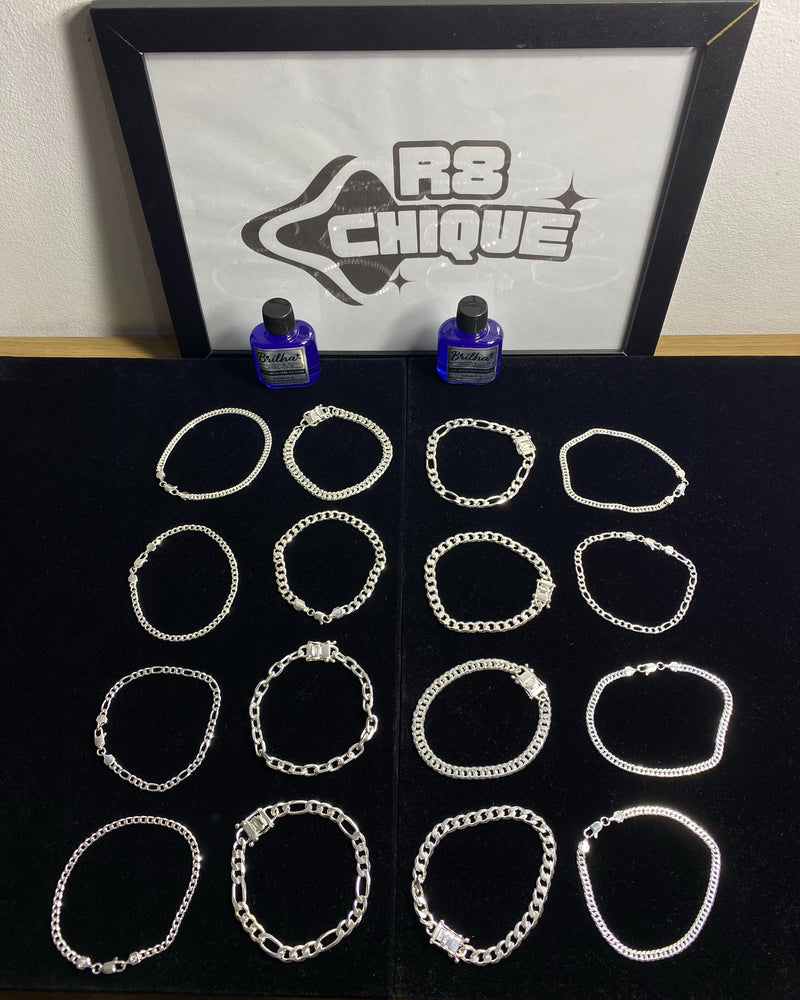 Kit Revenda | 6 Pulseiras 5MM 1x1,3x1,Elo / 7 Pulseiras 8MM 1x1,3x1,Elo / 2 Pulseiras 3MM / 2 Limpa Pratas (Brinde) (Kit 98)