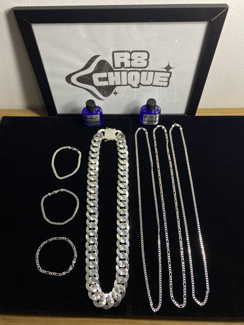 Kit Revenda | 3 Conjuntos 4MM 3x1x1,EloDuplo / 1 Corrente 25MM: 1x1 / +2 Limpa Pratas (Kit 101)