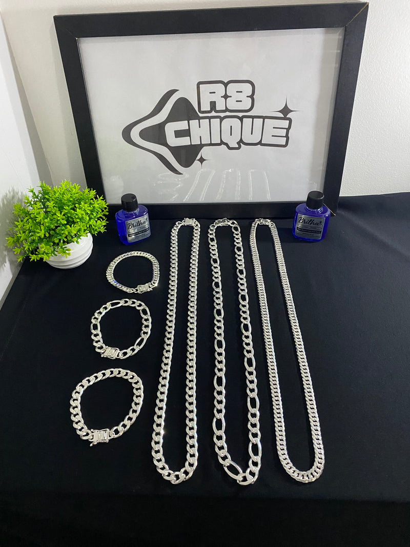 Kit Revenda | 3 Correntes + 3 Pulseiras / Limpa Pratas (BRINDE) | 3 Conjuntos 12MM - 3x1 / 1x1 / EloDuplo (Kit 84)