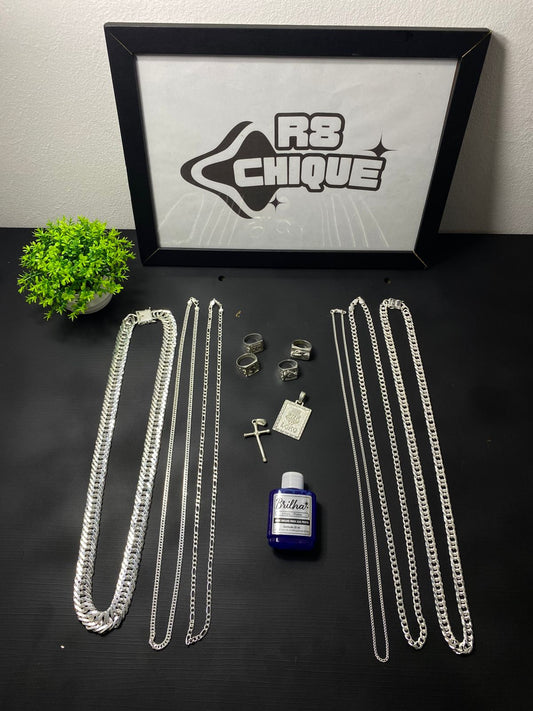 Kit Revenda | 1 Corrente: 17MM / 2 Corrente 4MM: 3x1 e 1x1 / 1 Correntes 2MM: 1x1 / 1 Corrente 8MM: 1x1 / 1 Corrente 10MM: Elo / 4 Dedeiras / 2 Pingentes (BRINDE) (Kit 117)