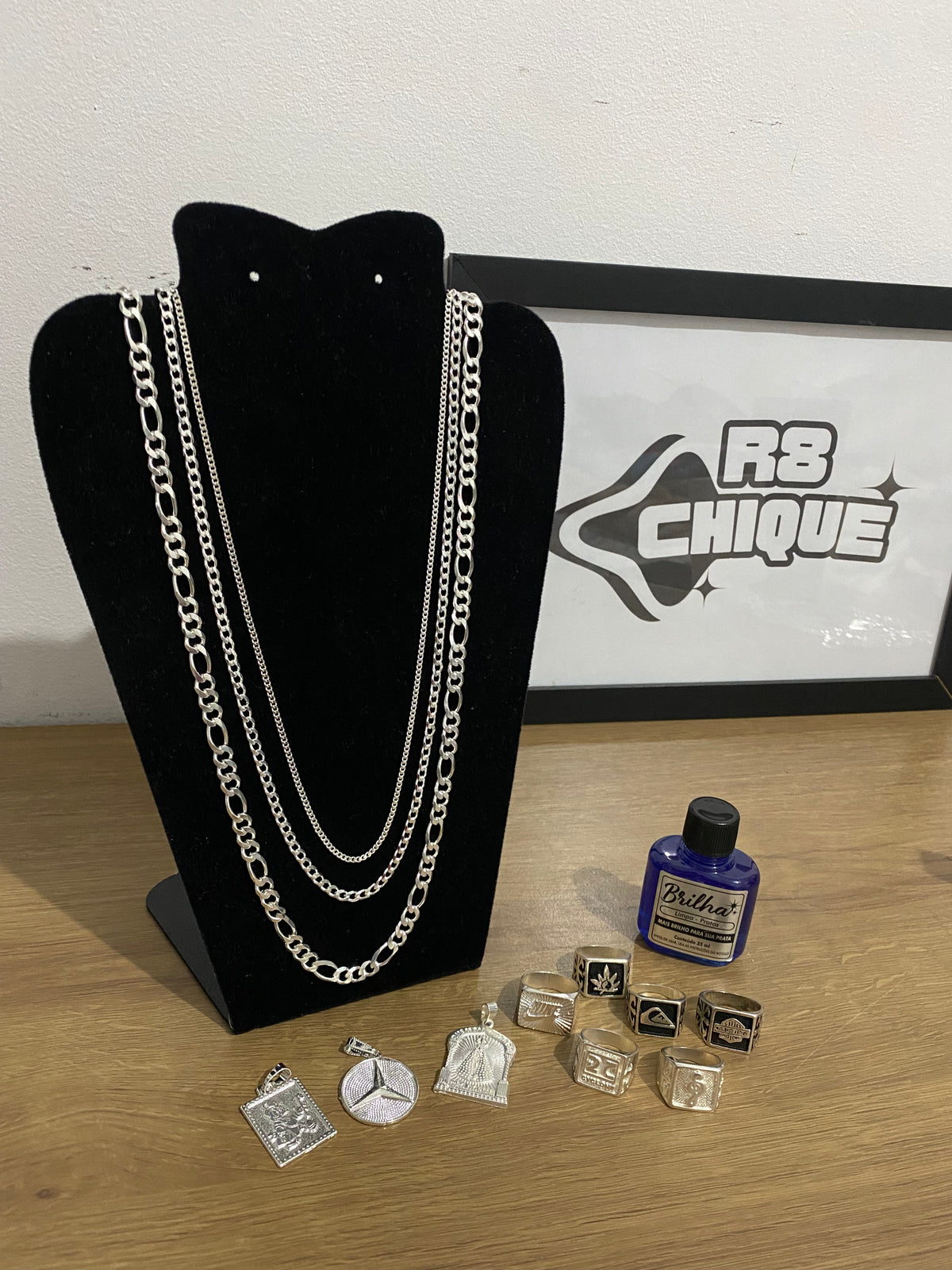 Kit Revenda | 3 Correntes 8MM - 3x1 / 5MM - EloDuplo / 3MM - 1x1 / 3 Pingentes / 6 Dedeiras / 1 Limpa Pratas (Kit 39)