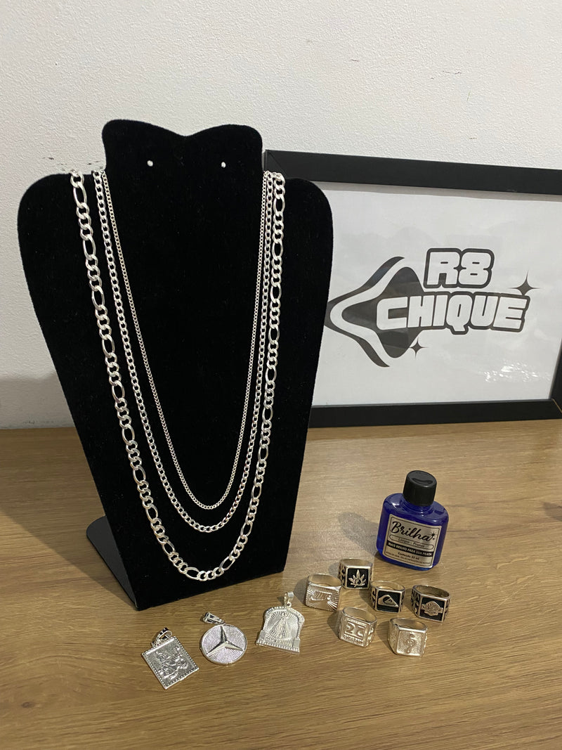 Kit Revenda | 3 Correntes / 3 Pingentes / 6 Dedeiras / 1 Limpa Pratas (Kit 39)