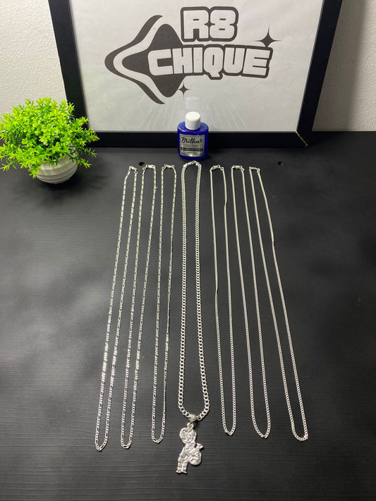 Kit Revenda | 6 Correntes 2MM: 1x1 e 3x1 / 1 Corrente 4MM: 1x1 / 1 Pingente / 1 Limpa Pratas (BRINDE) (Kit 118)