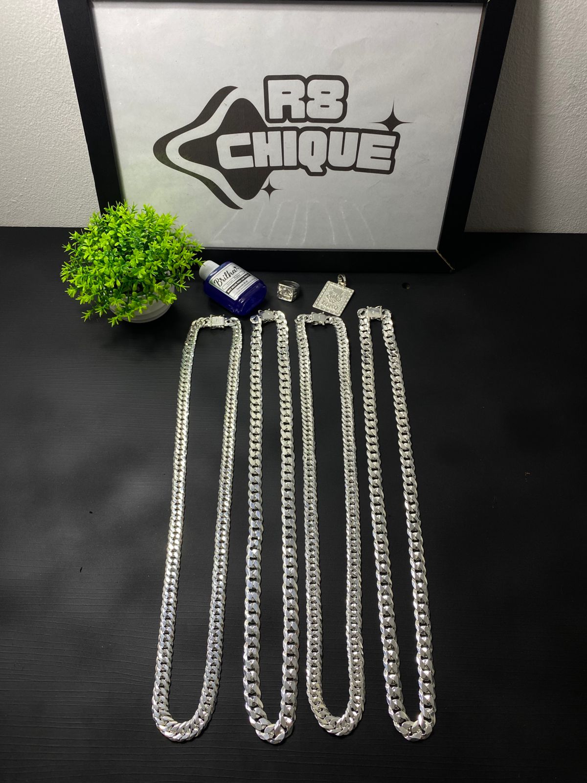 Kit Revenda | 4 Correntes - 12MM (ITALIANA) / 2 de Eloduplo, 2 de 1x1/ 1 Pingente / 1 Dedeira (Kit 114)