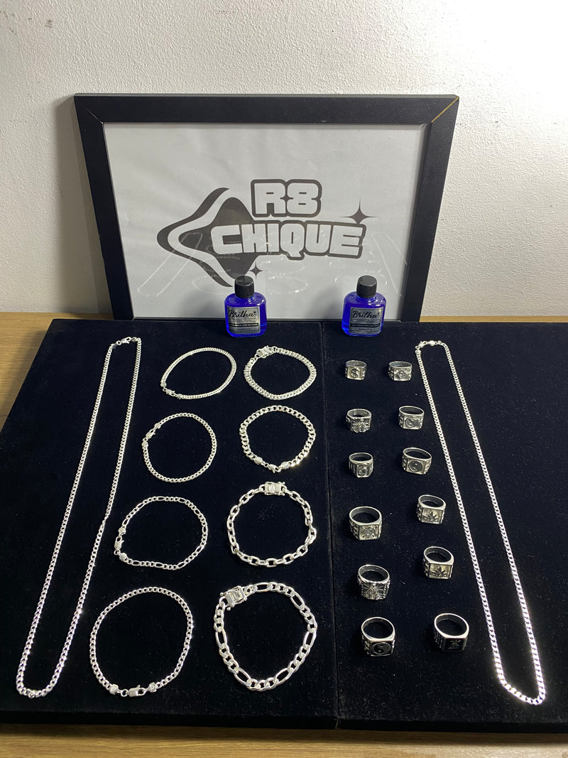 Kit Revenda | 2 Corrente 3MM - 1x1 / 12 Dedeiras / 5 Pulseiras 5MM 1x1, 3x1, Elo / 2 Pulseiras 8MM - 3x1 e Cartie / 2 Limpa Pratas (Brinde) (Kit 97)