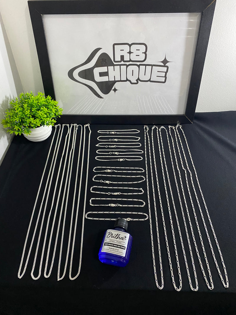 Kit Revenda | 10 Correntes + 10 Pulseiras / 3MM / Limpa Pratas (BRINDE) (Kit 78)