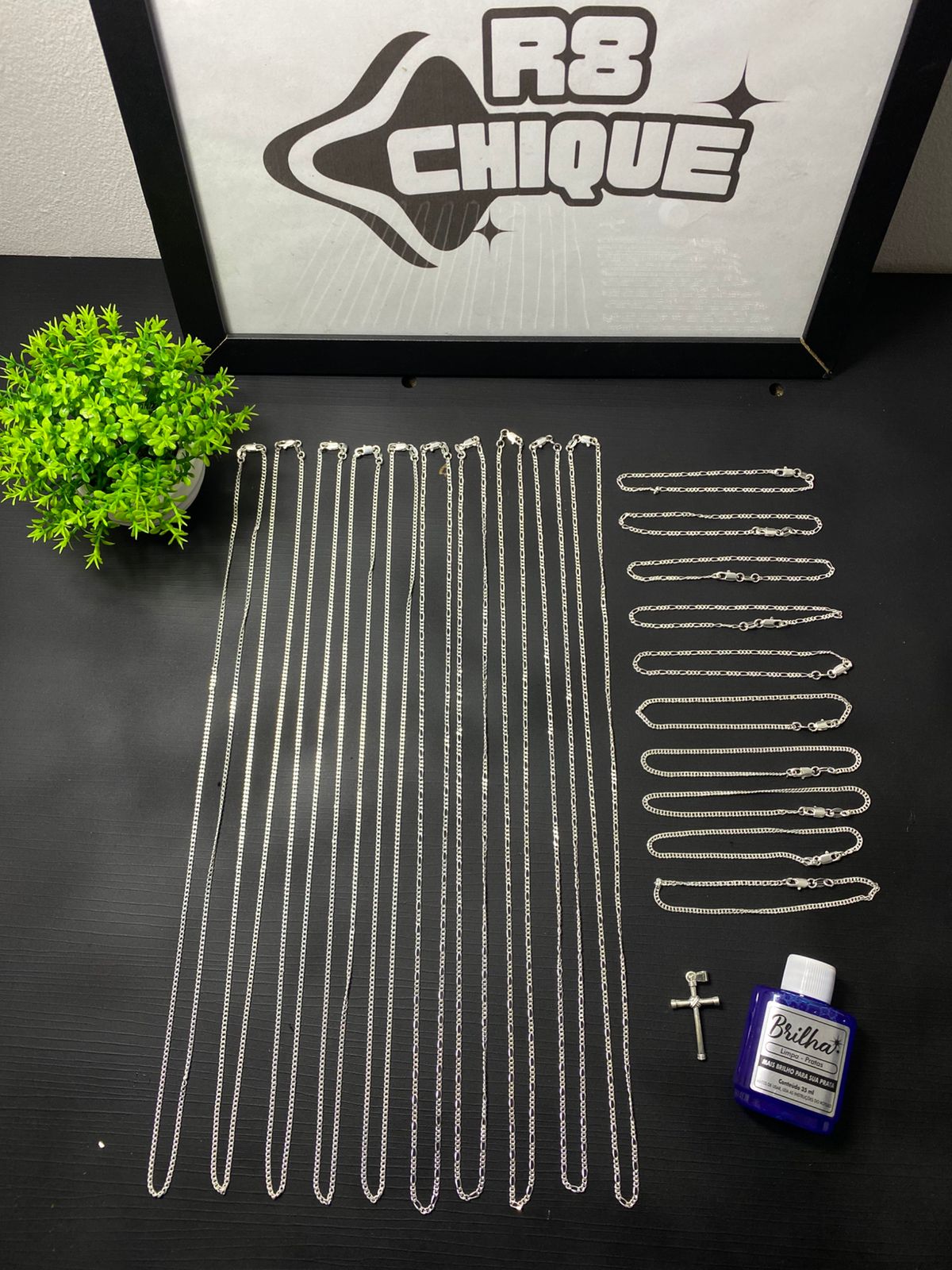Kit Revenda | 10 Correntes + 10 Pulseiras / 1 Pingente + 1 Limpa Pratas (Brinde) / 2MM - 70CM (Kit 102)