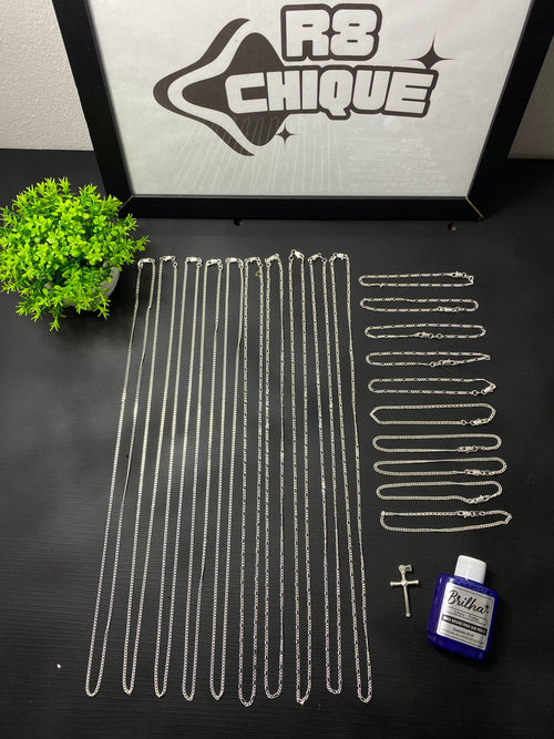 Kit Revenda | 10 Correntes + 10 Pulseiras / 1 Pingente + 1 Limpa Pratas (Brinde) / 2MM - 70CM (Kit 102)