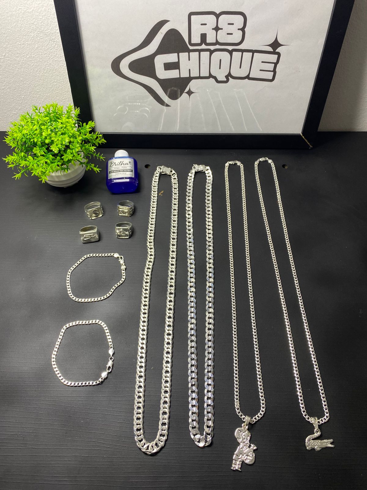 Kit Revenda | 2 Corrente 2 Pulseira 5MM 1x1 / 1 Corrente 10MM Laminada 1x1 e 1 Corrente 12MM - EloDuplo/ Limpa Pratas (BRINDE) (Kit 108)