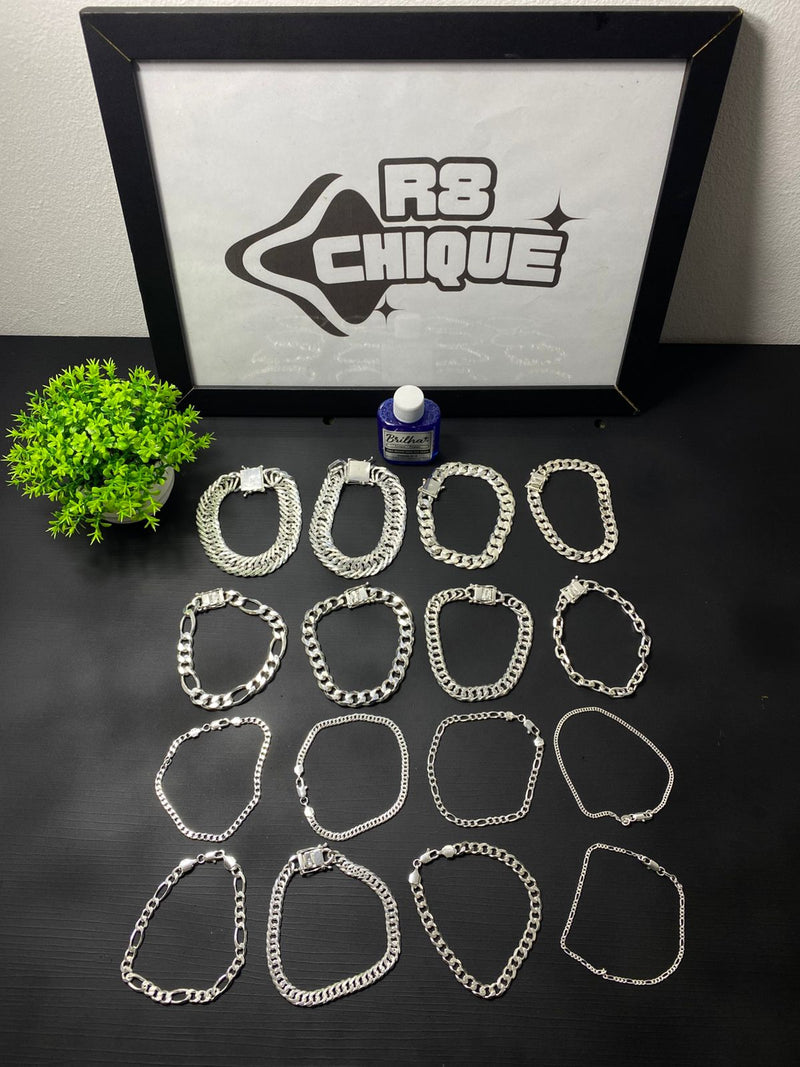 Kit Revenda | 16 Pulseiras / 2 de 3MM - 1x1, 3x1 /3 de 5MM - 3x1, 1x1,Elo /4 de 8MM - Cartie, 3x1, 1x1, Elo /3 de 12MM - 1x1,3x1,Elo/ 2 de 17MM / 1 de 13MM - 1x1 Italiana/ 1 de 10MM - 1x1 Laminada/  + 1 Limpa Pratas (BRINDE) (Kit 106)