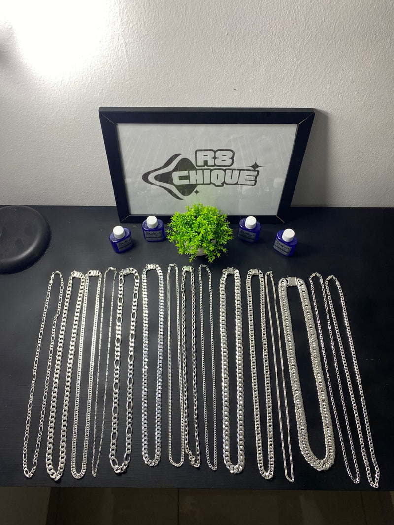 Kit Revenda | 15 Correntes / 4 de 8MM - 3x1,1x1,Cartie,Elo / 3 de 12MM - 1x1,3x1,Elo/ 1 de 17MM / 1 de 10MM Laminada/ 3 de 5MM - 1x1,3x1,Elo/ 3 de 3MM - 1x1,3x1,Elo + 4 Limpa Pratas (Brinde) (Kit 105)