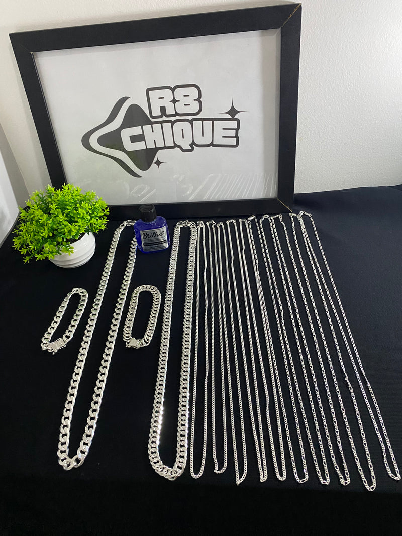Kit Revenda | 12 Correntes + 2 Pulseiras / Limpa Pratas (BRINDE) (2 conjunto de 12MM 1x1 e Elo/ 10 corrente 3MM) (Kit 83)