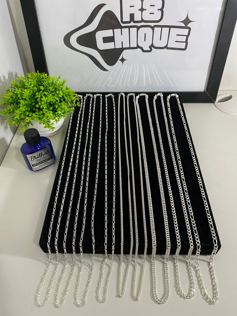 Kit Revenda | 10 Correntes + Limpa Pratas (BRINDE) - 3 de 4MM - 1x1, EloDuplo, 3x1 / 7 de 3MM (Kit 87)