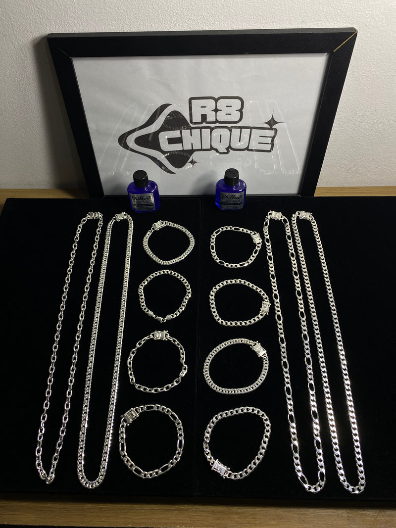 Kit Revenda | 4 Conjuntos 8MM - 3x1, 1x1, EloDuplo, Cartie / 4 Pulseiras 8MM 3x1, 1x1, Elo,Cartie/ 2 Limpa Pratas (Kit 99)