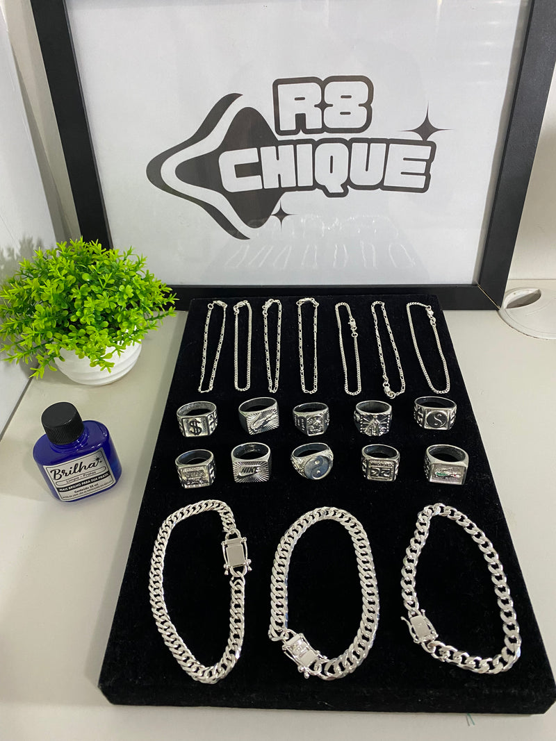 Kit Revenda | 10 Pulseiras + 10 Dedeiras - 7 de 3MM / 2 de 8MM - Elo e 1x1 / 1 de 12MM - Elo / Limpa Pratas (BRINDE) (Kit 85)