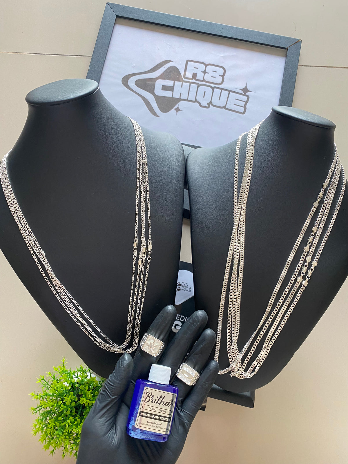 8 Correntes / 2 Dedeiras + Limpa Pratas (Brinde) - 4 de 3MM: 3x1 / 4 de 5MM: 2 1x1, 2 EloDuplo (Kit 130)