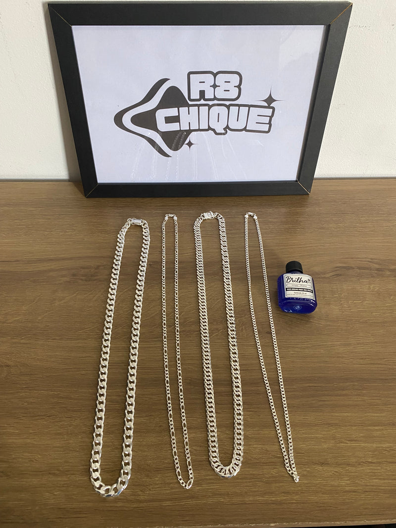 Kit Revenda | 4 Correntes + Limpa Pratas / 2 de 12MM - 1x1 e EloDuplo / 2 de 5MM - 1x1 e 3x1 (Kit 52)