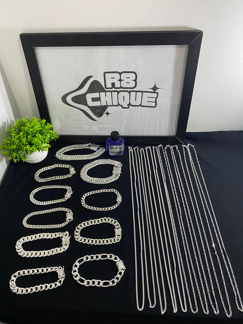 Kit Revenda | 10 Correntes 3MM + 10 Pulseiras | 2 de 15MM / 4 de 8MM - 1x1 e Elo / 2 de 13MM 1x1 (Laminada) / 2 de 12MM 3x1 e 1x1 / Limpa Pratas (BRINDE) (Kit 82)
