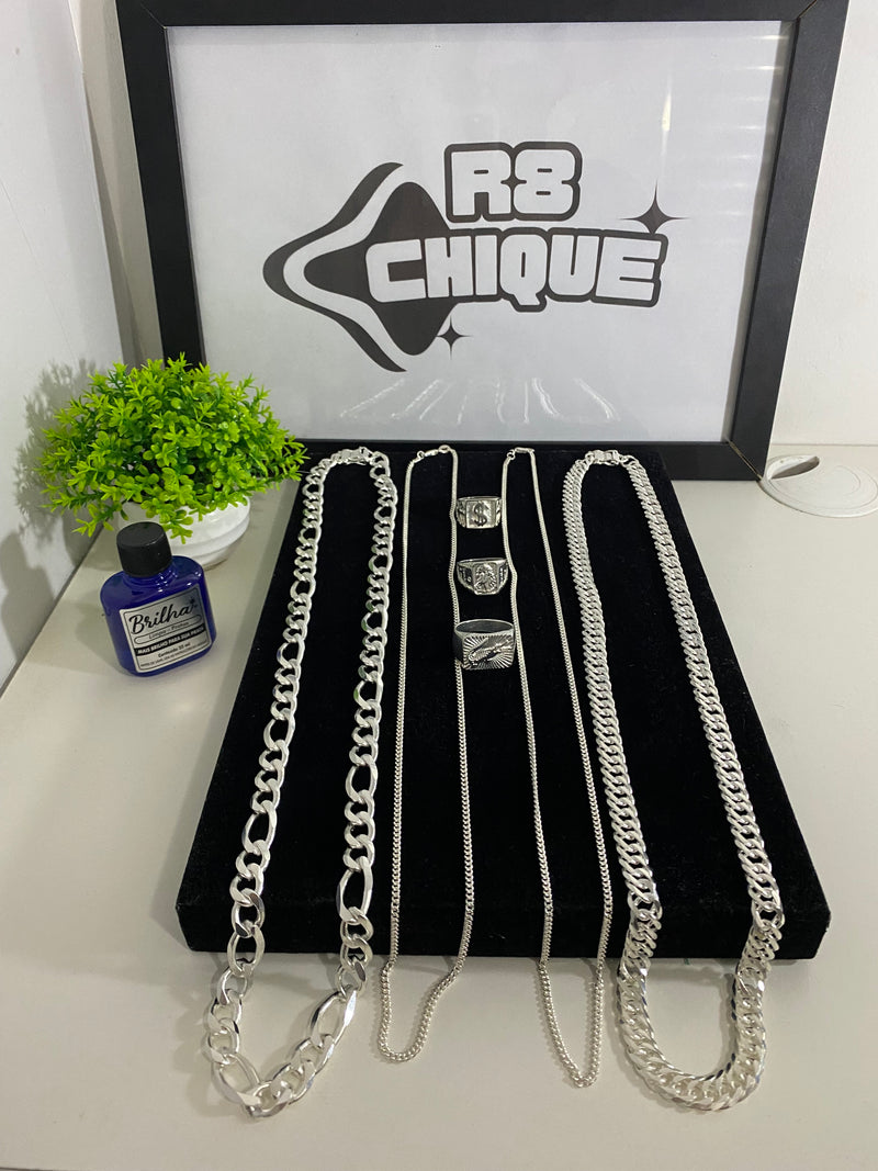 Kit Revenda | 4 Correntes + 3 Dedeiras / Limpa Pratas (BRINDE) - 2 de 10MM - 3x1 e EloDuplo / 2 de 3MM (Kit 113)