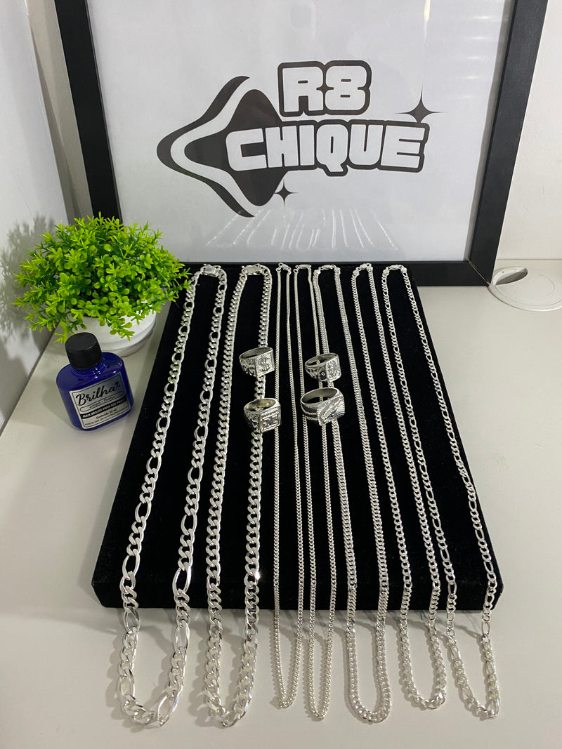Kit Revenda | 7 Correntes / 2 de 8MM - 1x1 e 3x1/ 3 de 5MM - 1x1, 3x1, Elo/ 2 de 3MM - 1x1, Elo/+4 Dedeiras / Limpa Pratas (BRINDE) (Kit 86)