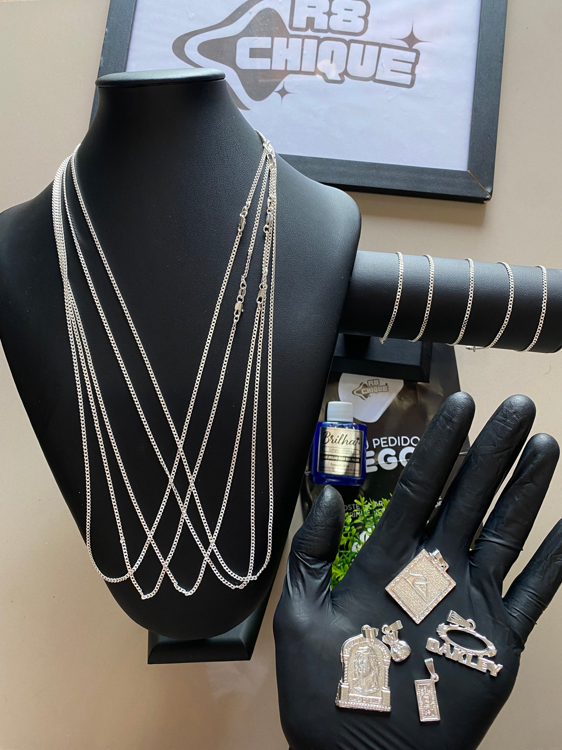 5 Correntes / 5 Pulseiras / 5 Pingentes + Limpa Pratas (Brinde) (Kit 134)