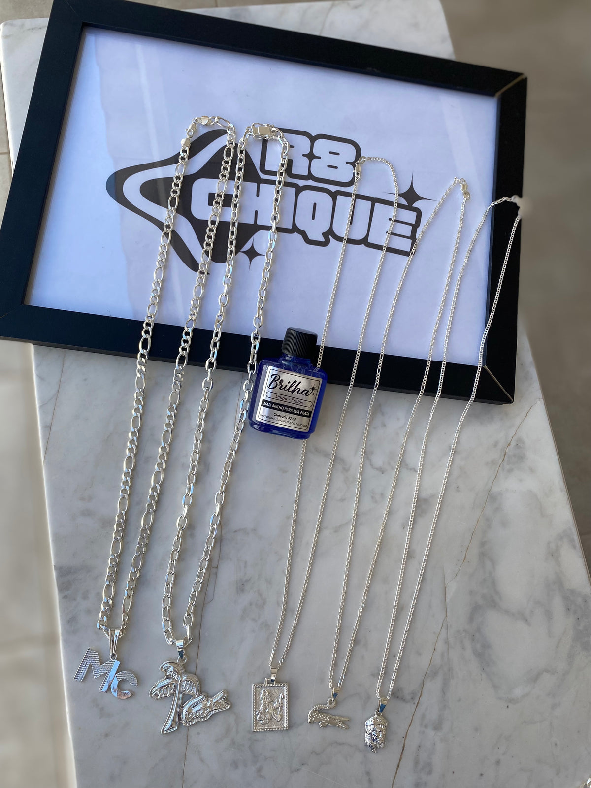 Kit Revenda | 5 Correntes /  2 de 8MM 1 - 3x1 e 1 - Cartie / 3 de 3MM + 5 Pingentes + Limpa Pratas (BRINDE)(Kit 48)