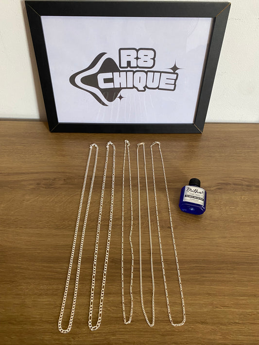Kit Promocional | 5 Correntes + Limpa Pratas - 2 de 4MM 1x1 e 3x1 / 3 de 2MM 1x1 e 3x1 (Kit 9)