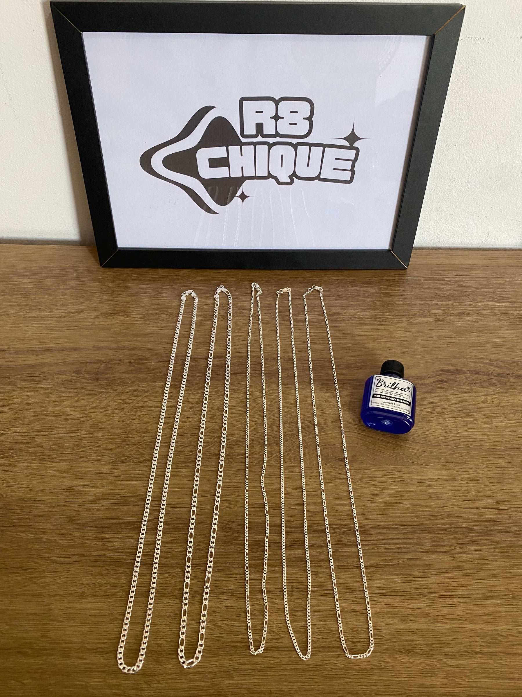 Kit Revenda | 5 Correntes + Limpa Pratas - 2 de 5MM 1x1 e 3x1 / 3 de 3MM 1x1 e 3x1 (Kit 9)