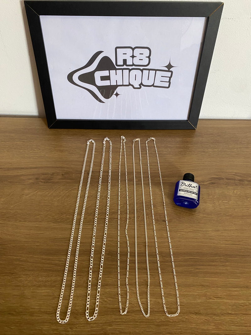 Kit Revenda | 5 Correntes + Limpa Pratas - 2 de 5MM 1x1 e 3x1 / 3 de 3MM 1x1 e 3x1 (Kit 9)