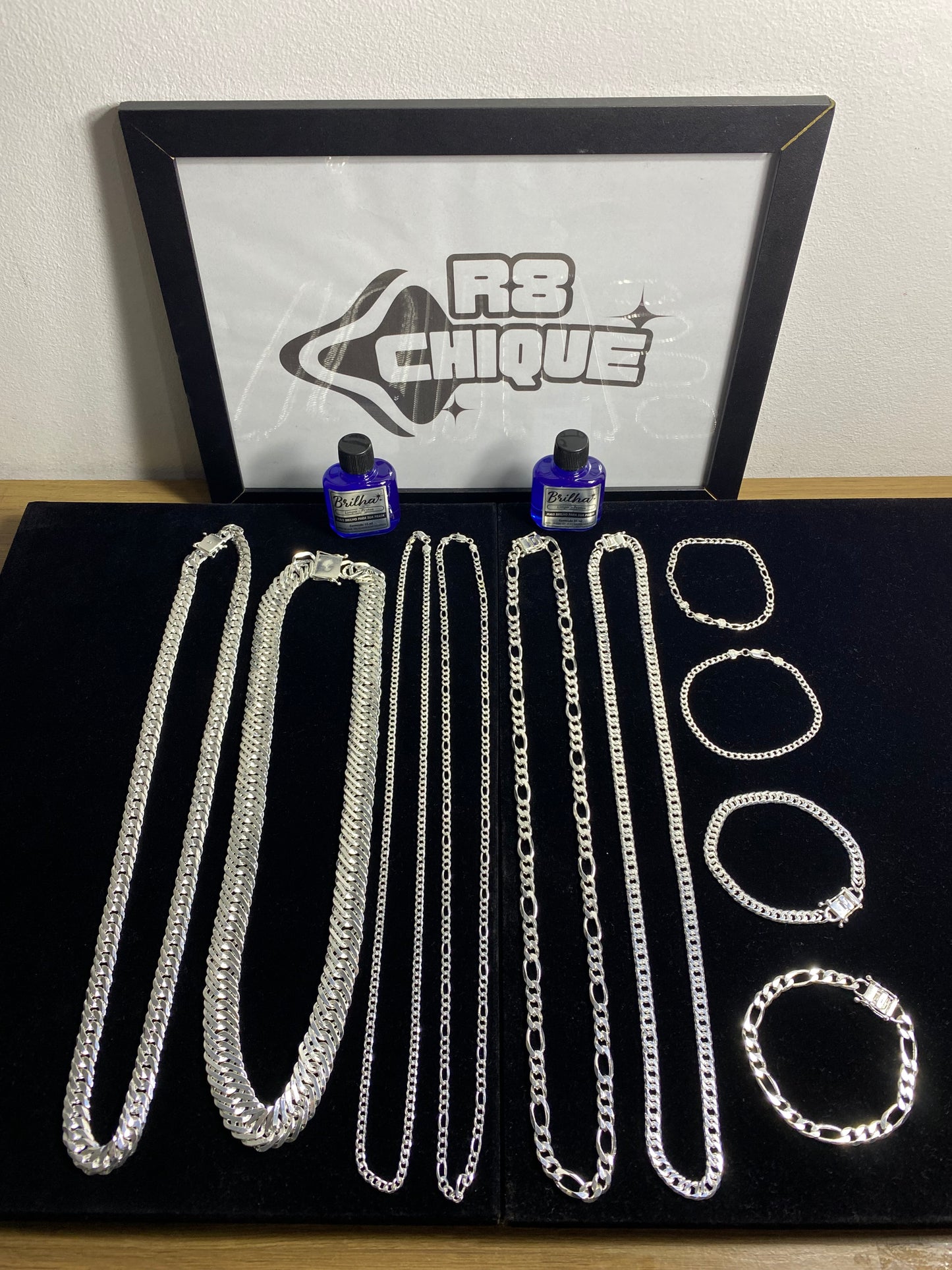 Kit Revenda | 2 Conjuntos 8MM - 3x1 e EloDuplo / 2 Conjuntos 4MM: 1x1 e 3x1 / 1 Corrente 17MM / 1 Corrente 12MM: EloDuplo (ITALIANA) / 2 Limpa Pratas (Brinde) (Kit 93)