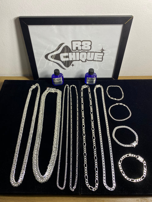 Kit Revenda | 2 Conjuntos 8MM - 3x1 e EloDuplo / 2 Conjuntos 4MM: 1x1 e 3x1 / 1 Corrente 17MM / 1 Corrente 12MM: EloDuplo (ITALIANA) / 2 Limpa Pratas (Brinde) (Kit 93)