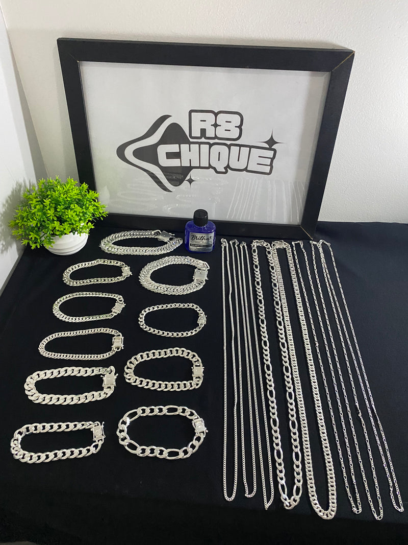 Kit Revenda |  8 Correntes + 10 Pulseiras / Limpa Pratas (BRINDE) (Kit 80)